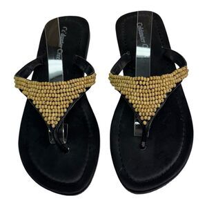 Coldwater Creek Black Thong Sandals Beaded Tan Straps Women's Flip Flops Sz 7.5
